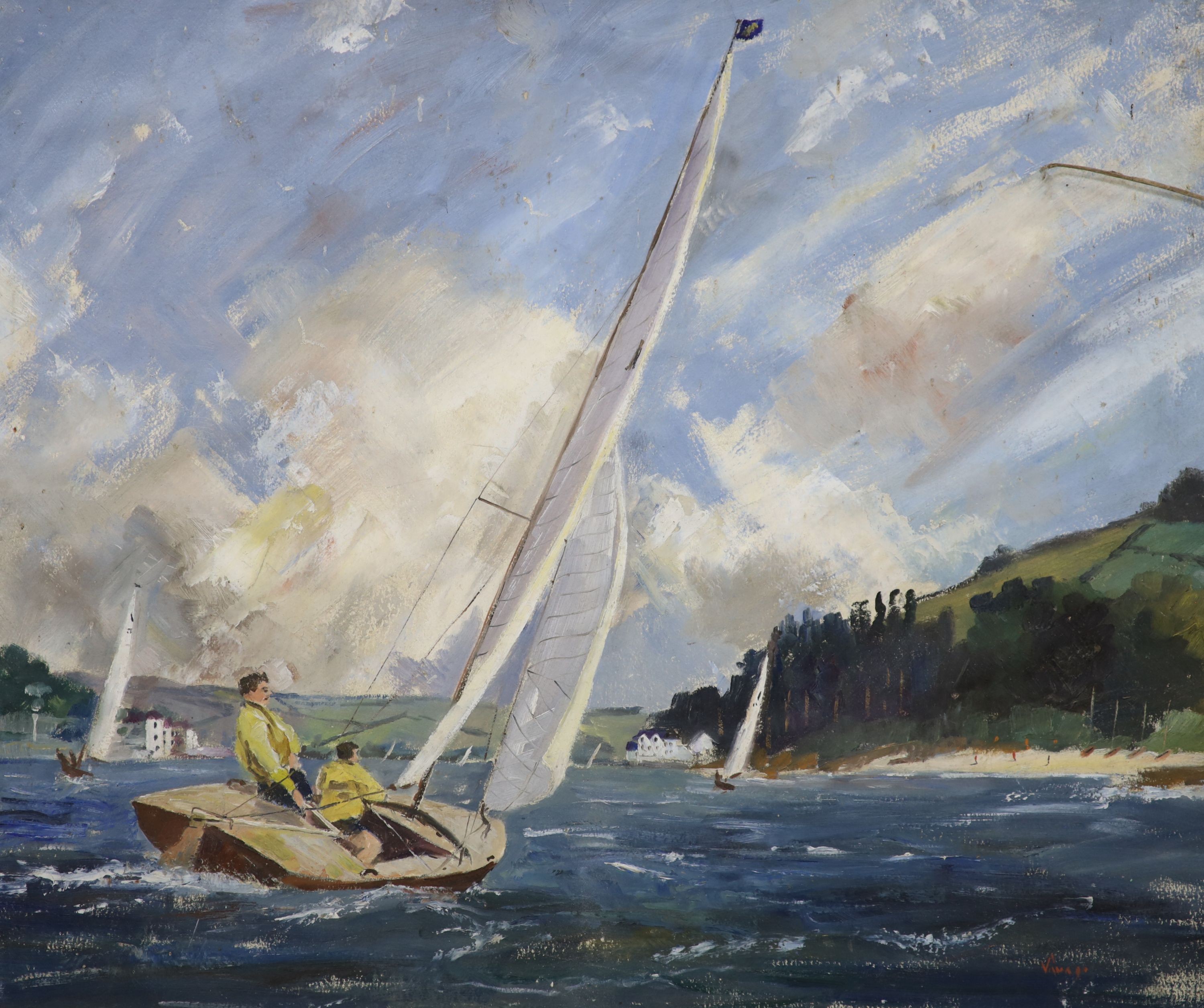 Francis Savage (1908-1085), oil on paper laid on board, Sailing boat on an estuary, signed, 52 x 61cm, unframed